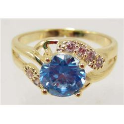 18K GOLD FILLED BLUE TOPAZ & CZECH CRYSTAL RING - SZ. 6