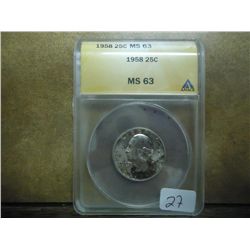 1958 WASHINGTON QUARTER ANACS MS63 TONED