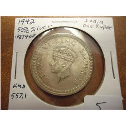 1942 INDIA SILVER RUPEE .1874 OZ. ASW