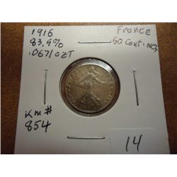 1916 FRANCE SILVER 50 CENTIMES