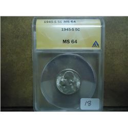 1945-S 35% SILVER JEFFERSON WAR NICKEL ANACS MS64