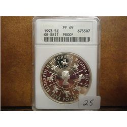 1993 GREAT BRITAIN SILVER 5 POUNDS ANACS PF69