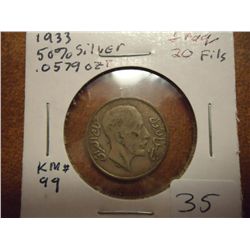 1933 IRAQ SILVER 20 FILS KM-99