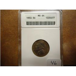 1953 JEFFERSON NICKEL ANACS MS64