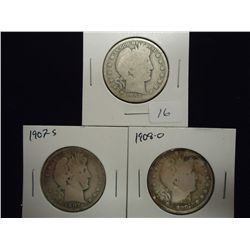1906-D,07-S & 08-O BARBER HALF DOLLARS