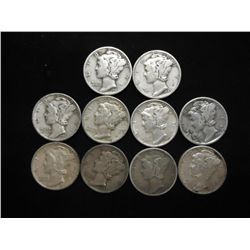 10 ASSORTED 1940'S  MERCURY DIMES