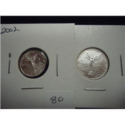 MEXICIAN SILVER LIBERTADS 2002 1/20 OZ. & 2013