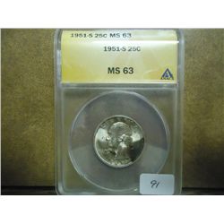 1951-S WASHINGTON SILVER QUARTER ANACS MS63 TONING