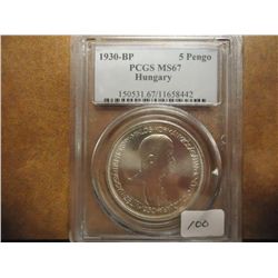 1930-BP HUNGARY SILVER 5 PENGO PCGS MS67