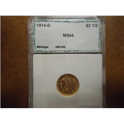 1914-D US GOLD $2 1/2 INDIAN 1/4 EAGLE PCI MS64