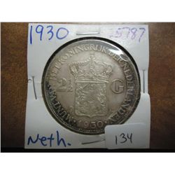 1930 NETHERLANDS SILVER 2 1/2 GULDEN .5787 OZ. ASW