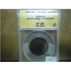 1839 BOOBY HEAD US LARGE CENT ANACS VF 20 DETAILS