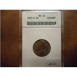 1957-D JEFFERSON NICKEL ANACS MS63