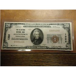 1929 TYPE I $20 NATIONAL CURRENCY THE ALLENTOWN