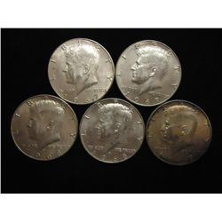 5 ASSORTED 40% SILVER KENNEDY HALF DOLLARS