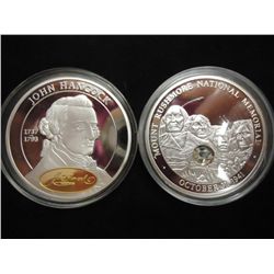 2-SILVER PLATED MEDALS JOHN HANCOCK & MT. RUSHMORE