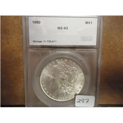 1889 MORGAN SILVER DOLLAR SEGS MS63