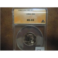 1962 WASHINGTON SILVER QUARTER ANACS MS63 TONED