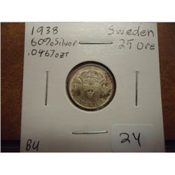 1938 SWEDEN SILVER 25 ORE UNC