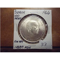 1966 SPAIN SILVER 100 PTAS UNC .4887 OZ. ASW