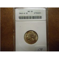 1945-S 35% SILVER JEFFERSON WAR NICKEL ANACS MS64
