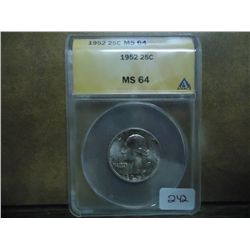 1952 WASHINGTON SILVER QUARTER ANACS MS64