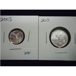 2-MEXICAN UNC SILVER LIBERTADS 2003 1/20 OZ. AND