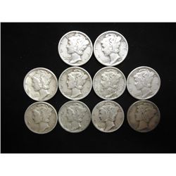 10 ASSORTED 1940'S MERCURY DIMES