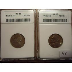 1978 P & D JEFFERSON NICKELS BOTH ANACS MS63
