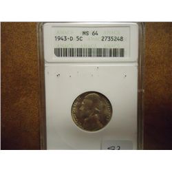 1943-D 35% SILVER JEFFERSON WAR NICKEL ANACS MS64