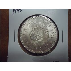 1948 MEXICO SILVER 5 PESOS UNC .8680 OZ. ASW