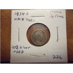 1834-A FRENCH SILVER 1/4 FRANC