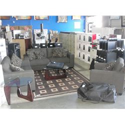 3PC GREY SOFA LOVESEAT AND CHAIR SET WITH 7 THROW PILLOWS