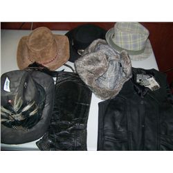 LOT OF (5) ASSORTED MENS HATS INCLUDING NEW CHILDS LEATHER VEST & CHAPS