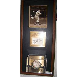 JOE DIMAGGIO HAND SIGNED MEMORABILIA DISPLAY, CUSTOM FRAMED W/ SIG. CUT OUT, BASEBALL & PICTURE