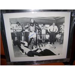 VERY RARE MUHAMMAD ALI SIGNED BLACK & WHITE PICTURE W/ THE BEATLES. FRAMED