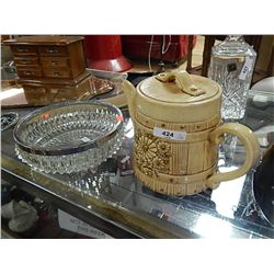 TEAPOT & CUT GLASS BOWL WITH SILVER TRIM