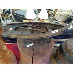 HAND CRAFTED WOOD BOAT WITH OARS - ON STAND