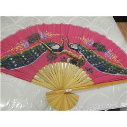 LARGE FAN - ORIENTAL HAND PAINTED - PEACOCKS ~3' L