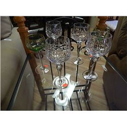 CROSS & OLIVE CRYSTAL WINE GOBLETS - 4 AND 2 EMERALD GLASS DISHES