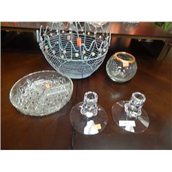 WIRE BASKET, CANDLE STICKS AND DISHES - 5 PC TOTAL