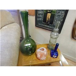 HAND BLOWN EMERALD GLASS BOTTLE, 2 VINTAGE BOTTLES AND CRYSTAL CANDLE HOLDER - 4 PCTOTAL