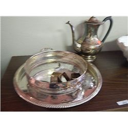 SILVER PLATED TEA POT, TRAY AND NAPKIN RINGS