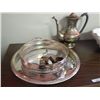Image 1 : SILVER PLATED TEA POT, TRAY AND NAPKIN RINGS