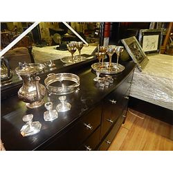 SILVER PLATED GOBLETS AND CANDLE HOLDERS ETC ON 2 SHELVES