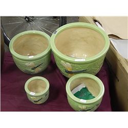 CERAMIC PLANT POT SET - 4 PC - GREEN WITH DRAGON FLY