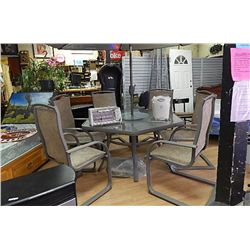 HEXAGON GLASS TOP PATIO TABLE WITH LAZY SUSAN AND 6 CHAIRS