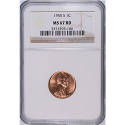 1955-S LINCOLN CENT, MS-67! RED! RARE!!