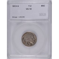 1913-S TYPE-2 BUFFALO NICKEL, SEGS VG-10   KEY!