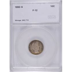 1892-S BARBER DIME, SEGS FINE-12